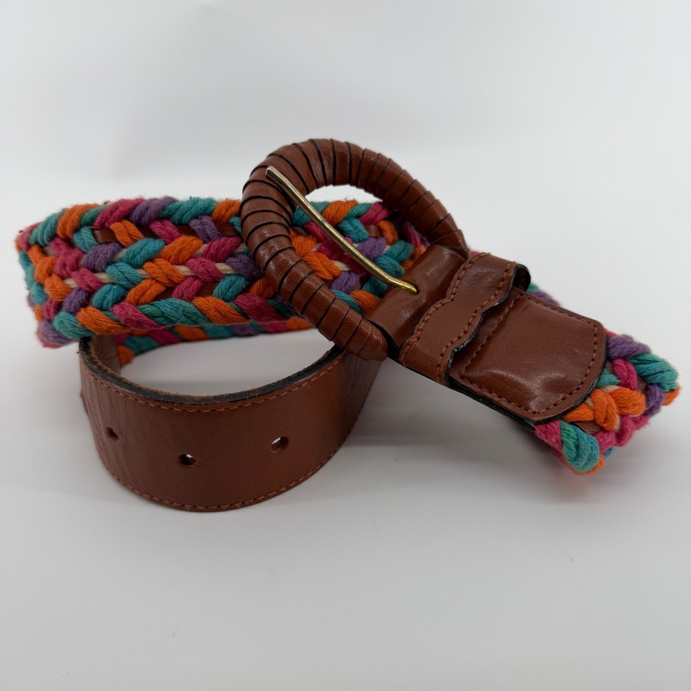 Vintage Express Braided Cotton Leather Belt Multi Color Boho Woven Large